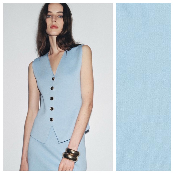 NWT. Zara Mid-Blue Viscose Blend Smooth Knit V-neck Vest Top. Size XL. - Picture 3 of 12